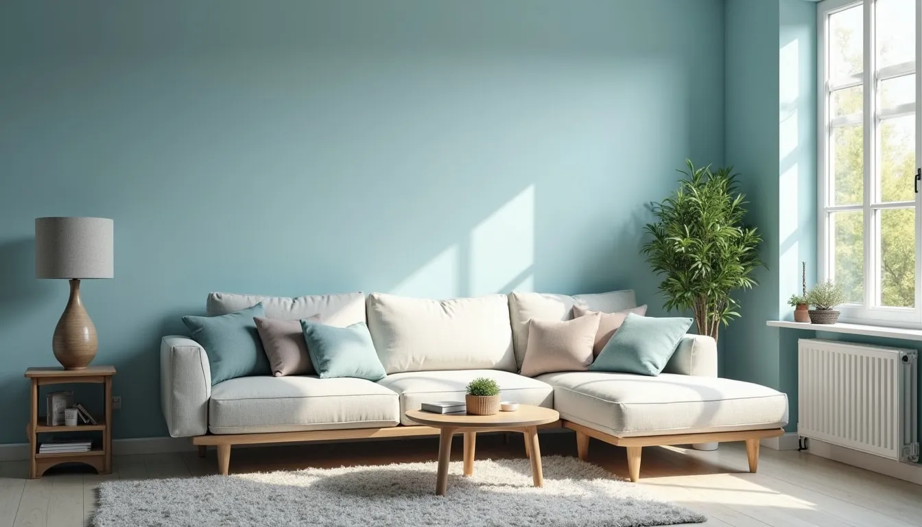 Living room in soft blue-grey