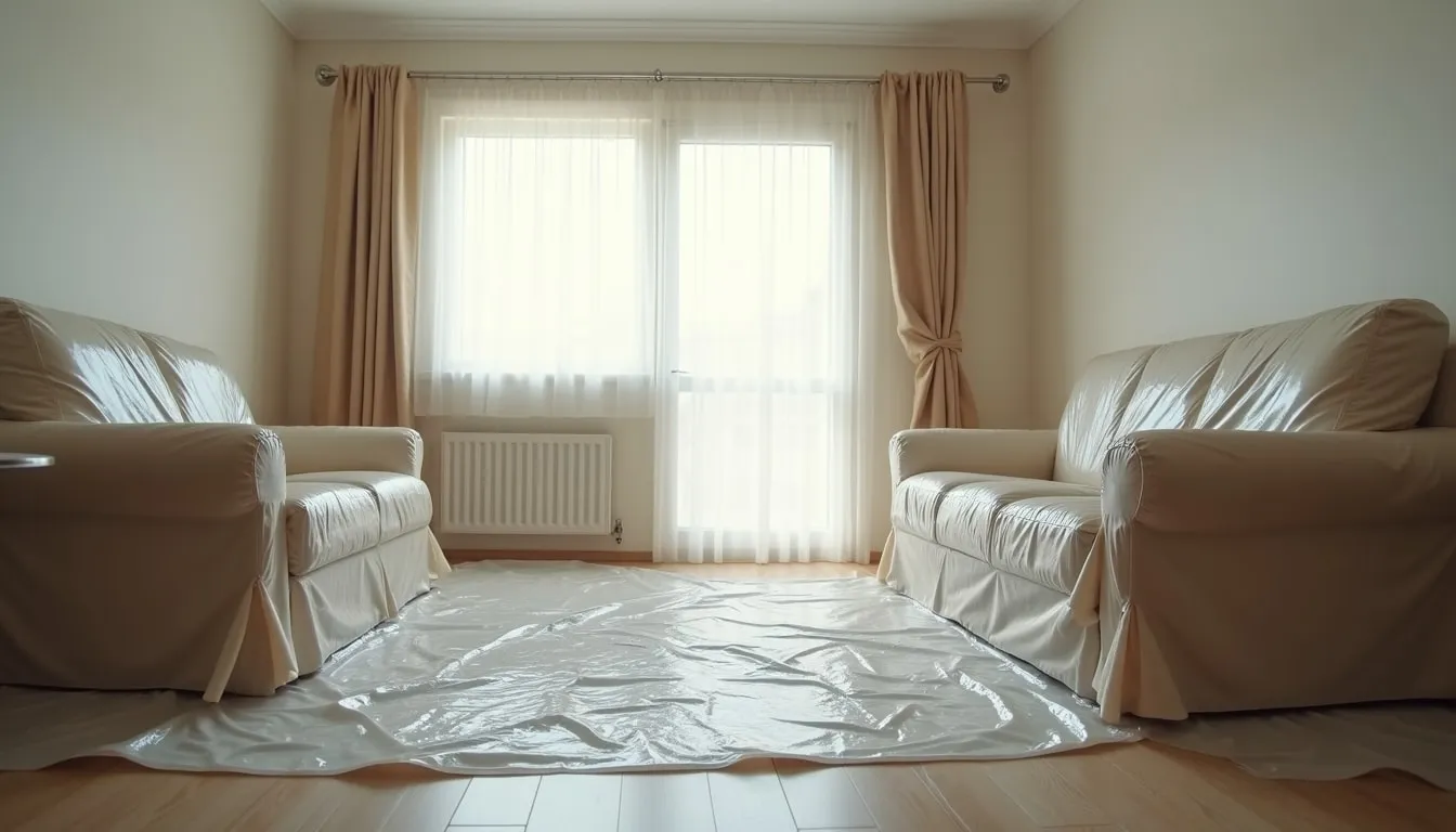 Living room with furniture covered by dust sheets