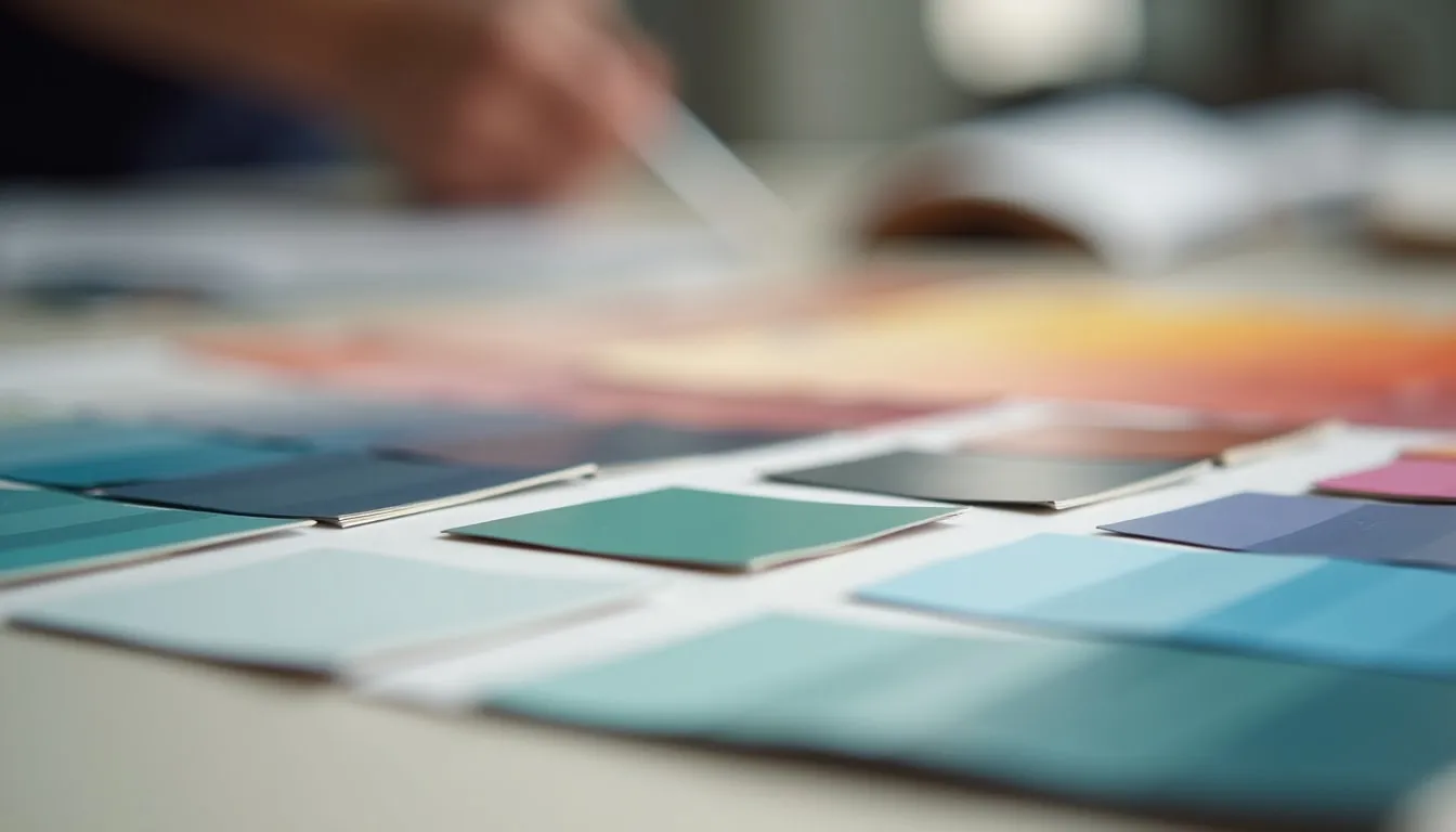 Paint colour swatches fanned out on a table